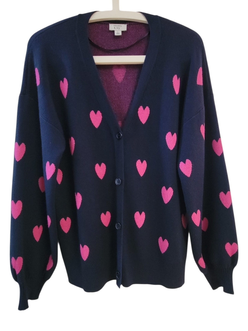 Crown And Ivy Navy Cardigan with Pink Hearts